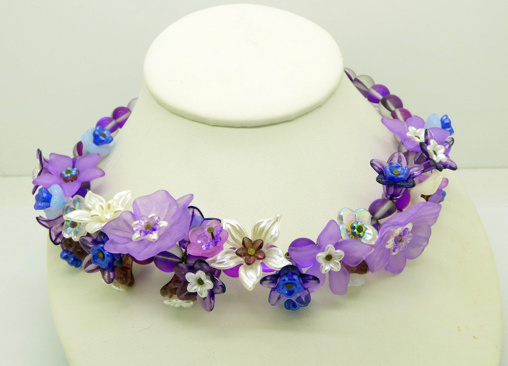 Purple, Lavender Lucite Flowers, Glass Flowers Purple Beaded Necklace - Vintage Lane Jewelry
