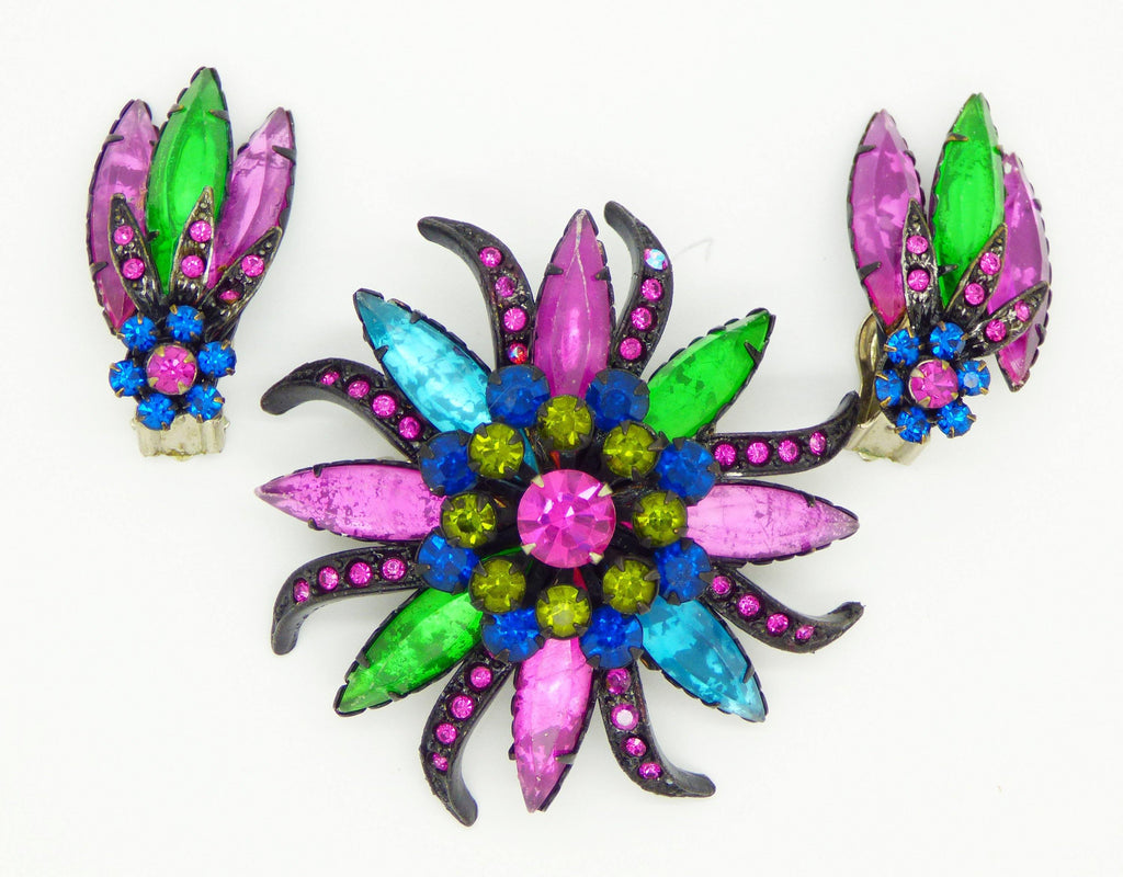 Selini Colorful Rhinestone Demi Parure, brooch and matching clip earrings - Vintage Lane Jewelry