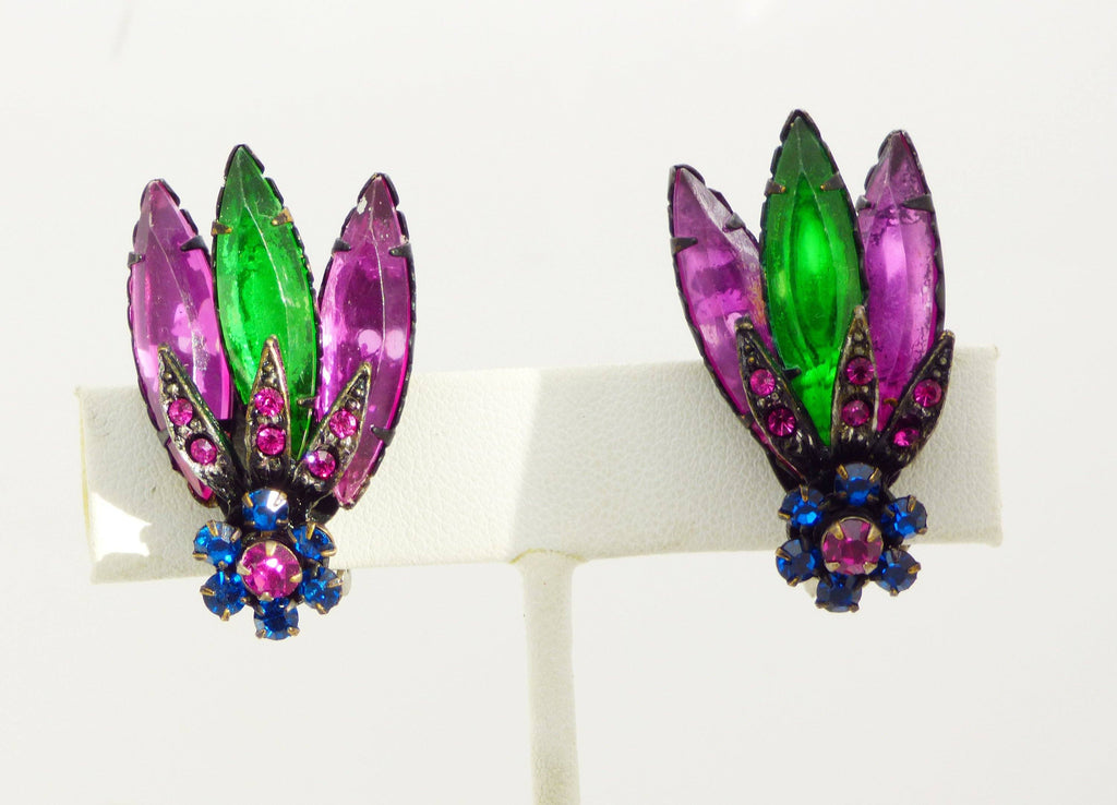 Selini Colorful Rhinestone Demi Parure, brooch and matching clip earrings - Vintage Lane Jewelry