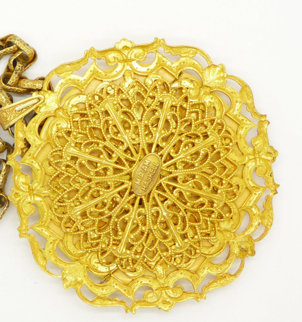 Vintage Miriam Haskell Russian Gold Bakelite Disc Pendant Necklace - Vintage Lane Jewelry