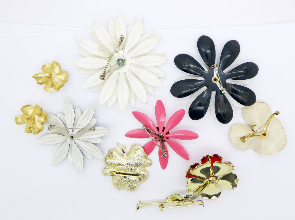 Enamel Flower Lot, 7 pins, Flower Brooches, 1 pair Clip Earrings - Vintage Lane Jewelry