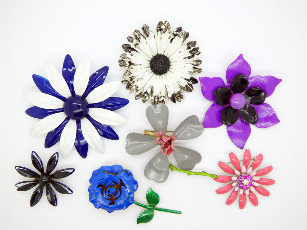 Enamel Flower Lot, 7 pins, Flower Brooches, purple, pink - Vintage Lane Jewelry