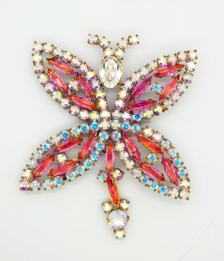 Czech Glass Bijoux MG Pink AB Rhinestone Dragonfly Pin Brooch - Vintage Lane Jewelry