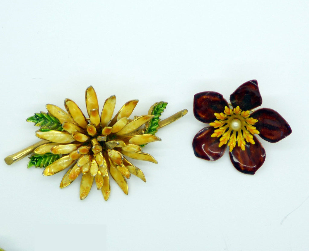 Enamel Flower Lot, 10 pins, Flower Brooches - Vintage Lane Jewelry
