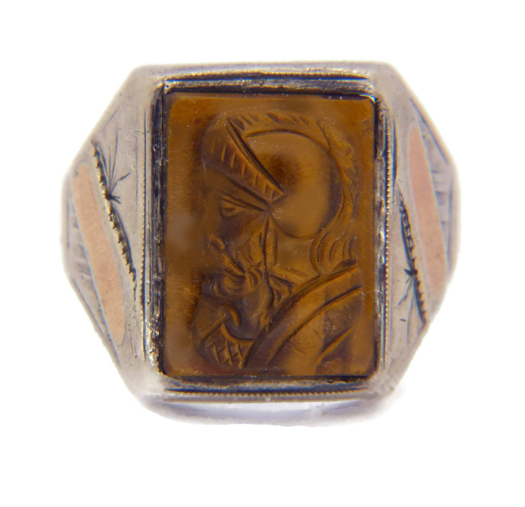 Vintage Sterling Silver Art Deco Men's Tiger's Eye Cameo Centurion Ring - Vintage Lane Jewelry