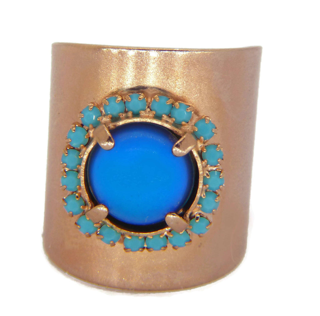 Mood Ring Shiny Rose Gold Metal Turquoise Rhinestones - Vintage Lane Jewelry