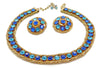 Hattie Carnegie Blue Rhinestone Gold Mesh Necklace Clip Earrings Set - Vintage Lane Jewelry