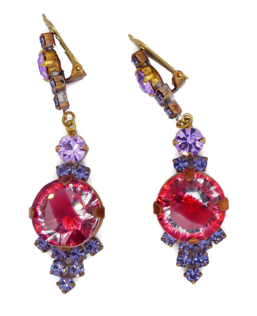Czech Glass Rhinestone Pink Givre Dangling Clip Earrings - Vintage Lane Jewelry