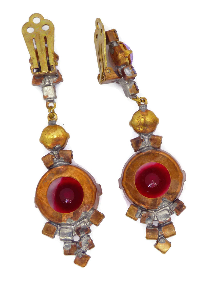 Czech Glass Rhinestone Pink Givre Dangling Clip Earrings - Vintage Lane Jewelry