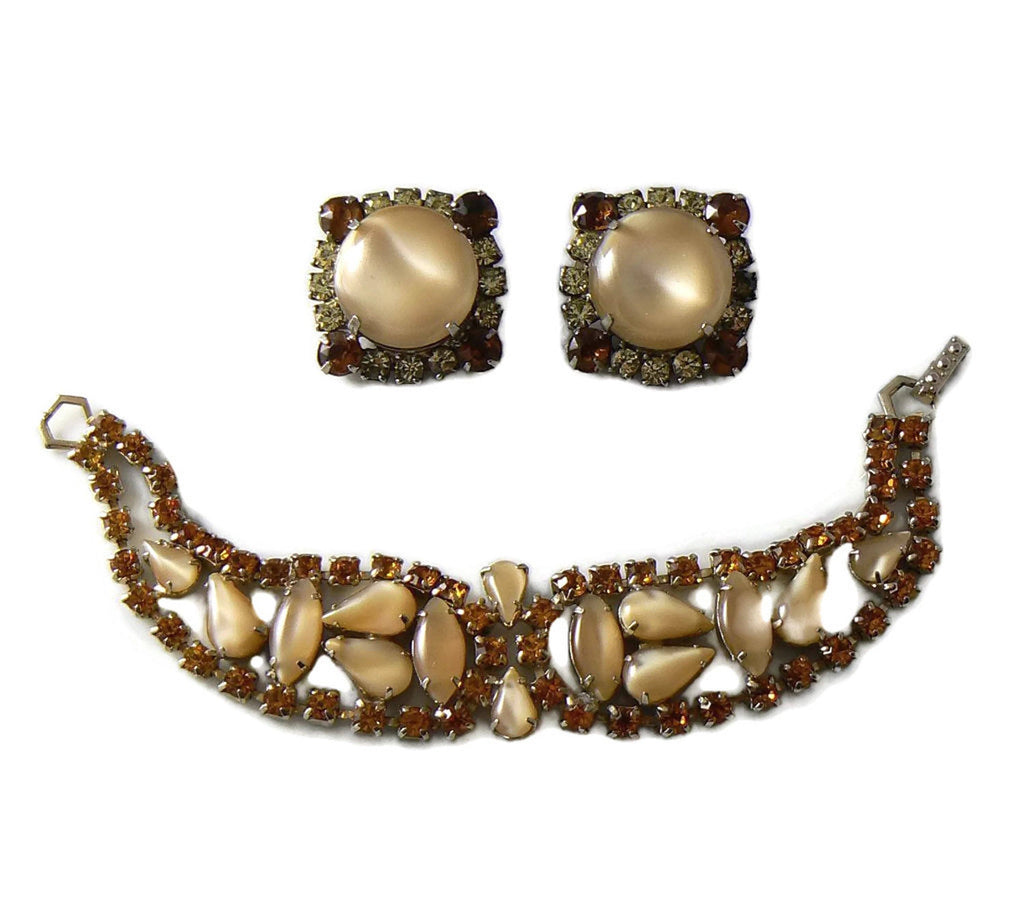 Juliana Style Tan And Hyacinth Rhinestone Bracelet Earring Set - Vintage Lane Jewelry