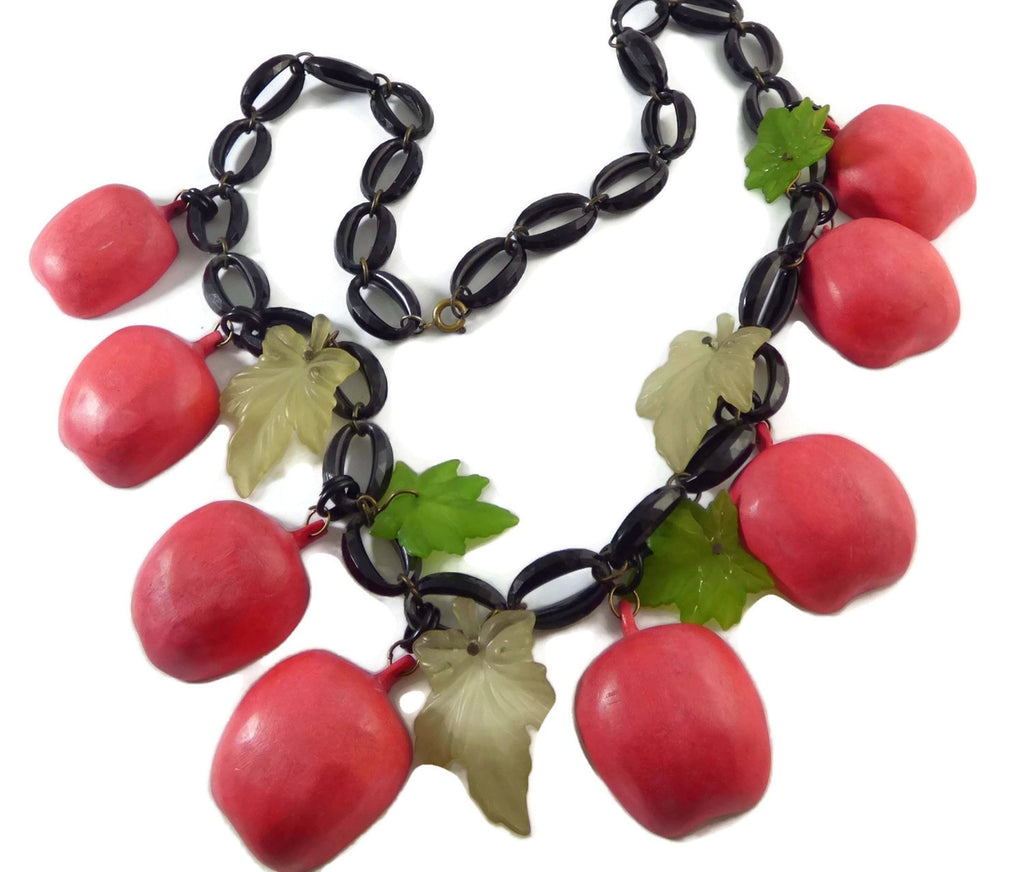 Vintage Early Plastic Apples and Leaves Necklace, Black Lucite Chain, Big Red Apples - Vintage Lane Jewelry
