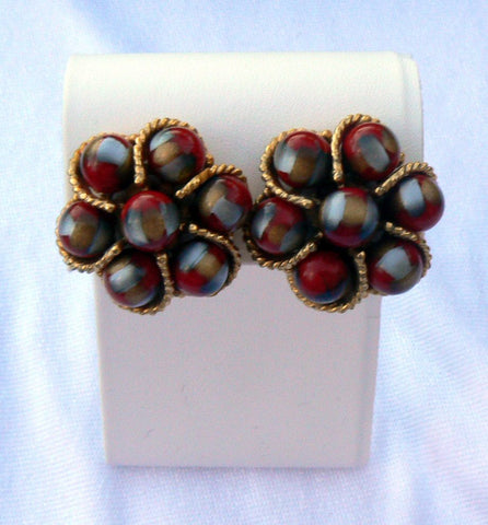Vintage Enamel Flower Pendant Bead Necklace And Earrings