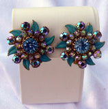 Weiss Ny Blue Rhinestone And Enamel Leaf Earrings - Vintage Lane Jewelry