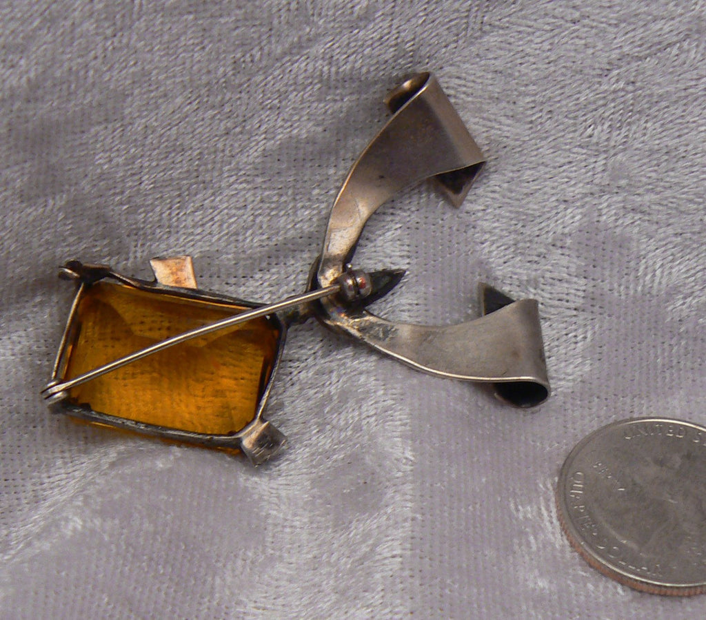 Stunning 1920's Sterling And Amber Open Back Glass Brooch - Vintage Lane Jewelry