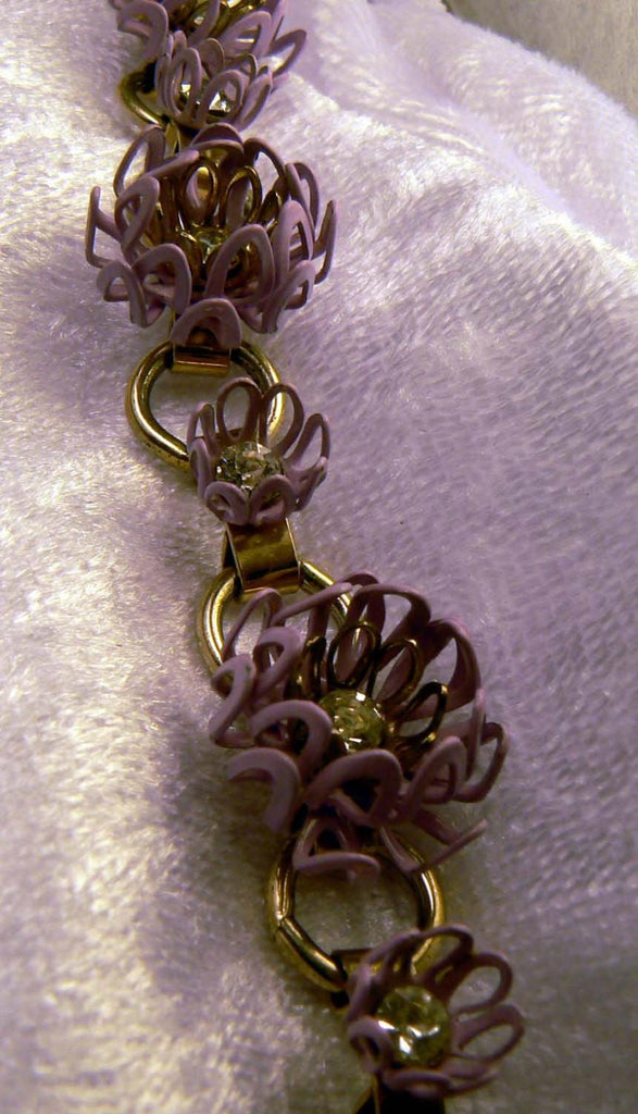Lavender Filigree Enamel Rhinestone Flower And Bracelet Set - Vintage Lane Jewelry