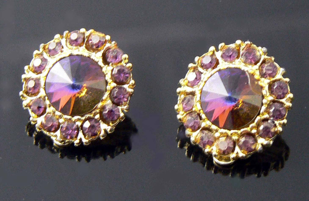 Vintage Purple Rivoli Rhinestone Button Earrings - Vintage Lane Jewelry
