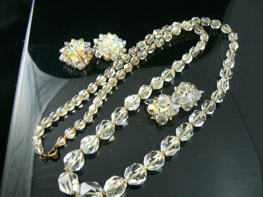 Heavy Faceted Glass Necklace And 2 Sets Of Matching Earrings - Vintage Lane Jewelry