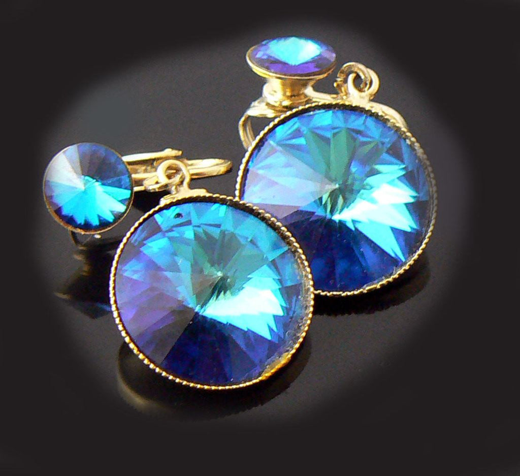 Vintage Blue Rivoli Clip On Earrings - Vintage Lane Jewelry