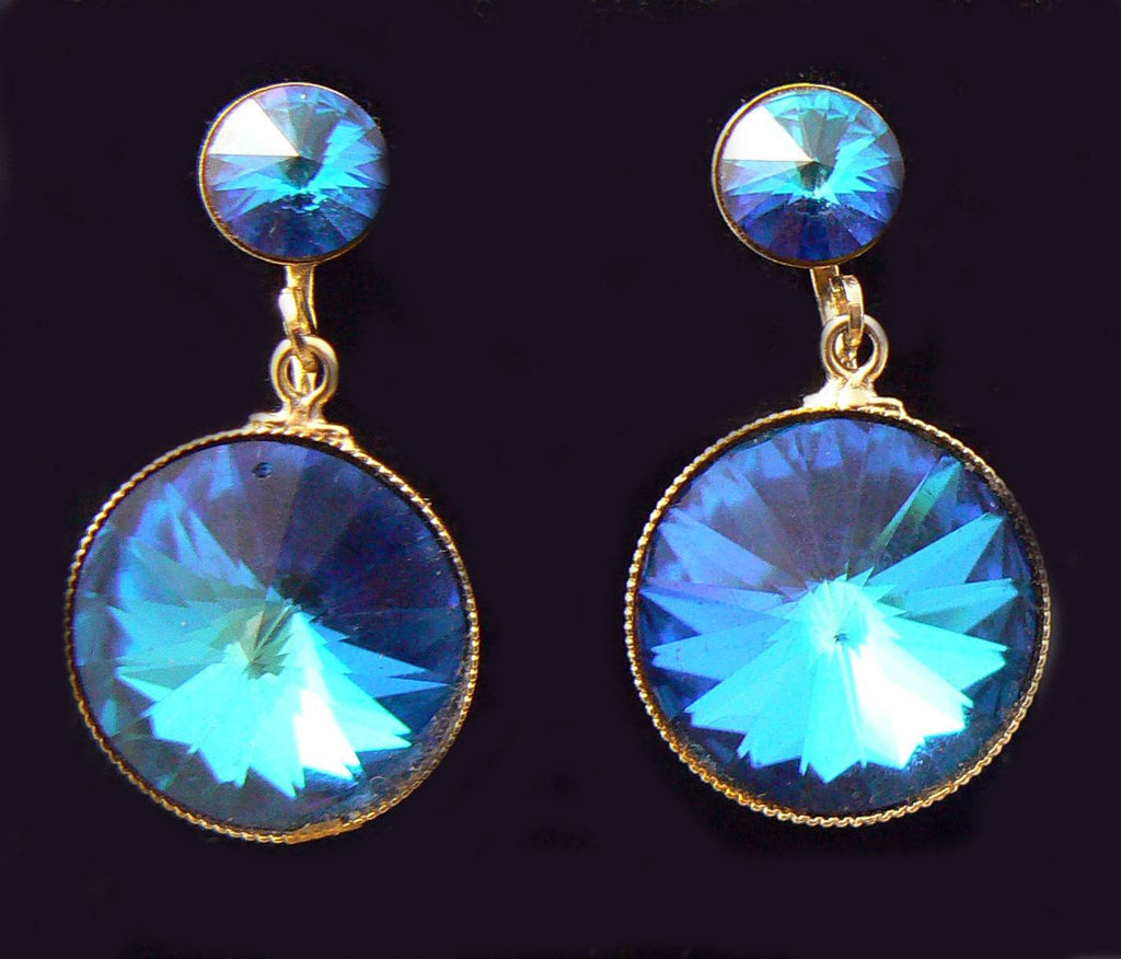 Vintage Blue Rivoli Clip On Earrings - Vintage Lane Jewelry