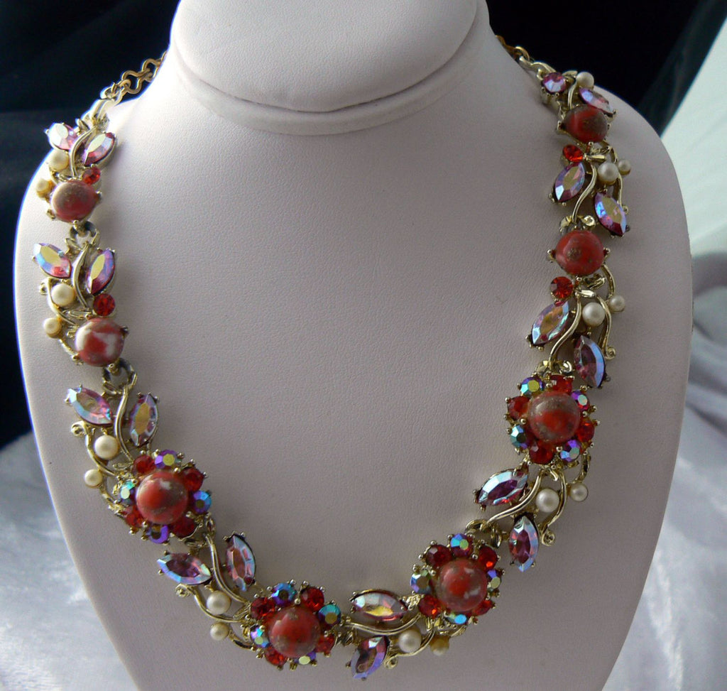 Oranges, Pinks And Faux Pearls Necklace - Vintage Lane Jewelry