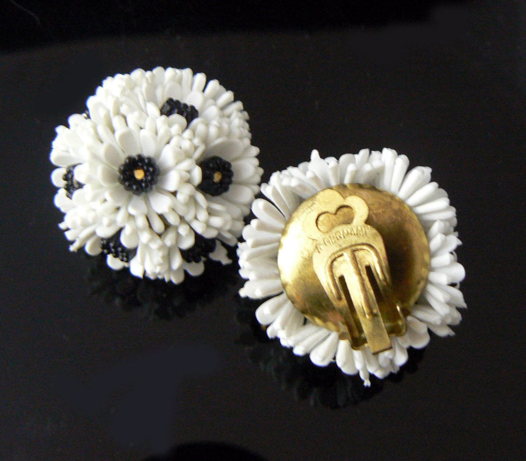 West Germany White Plastic Bouquet Floral Earrings. - Vintage Lane Jewelry