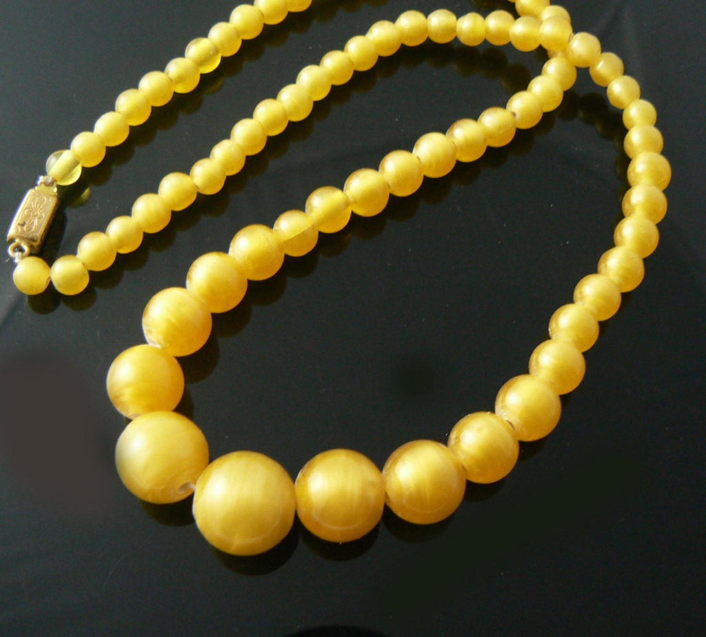 Antique Czech Glass Lamp Worked Satin Yellow Necklace - Vintage Lane Jewelry