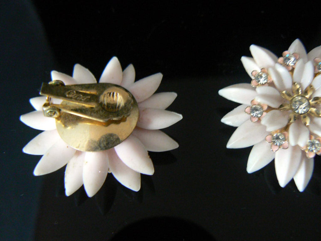 Vintage Coro Pink Plastic Enamel Rhinestone Flower Clip On Earrings - Vintage Lane Jewelry