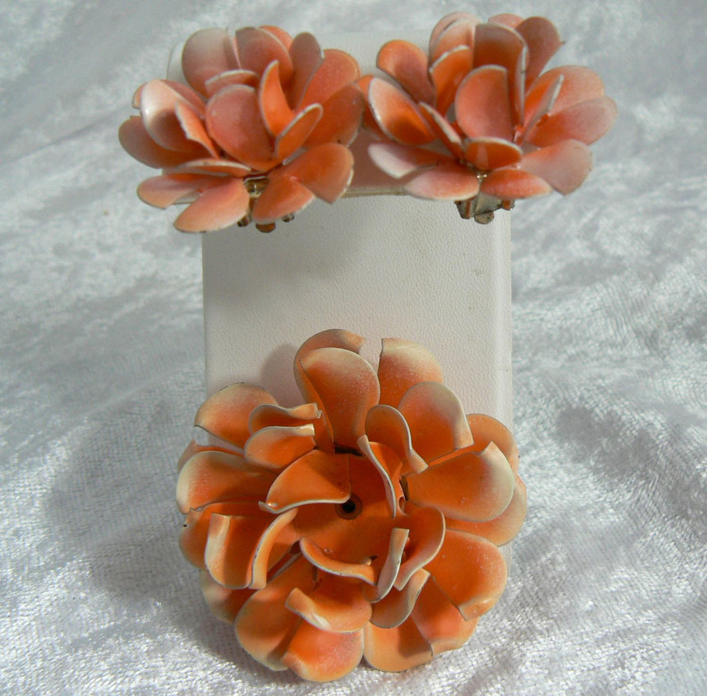 Vintage Orange Enamel Flower Demi Parure - Vintage Lane Jewelry