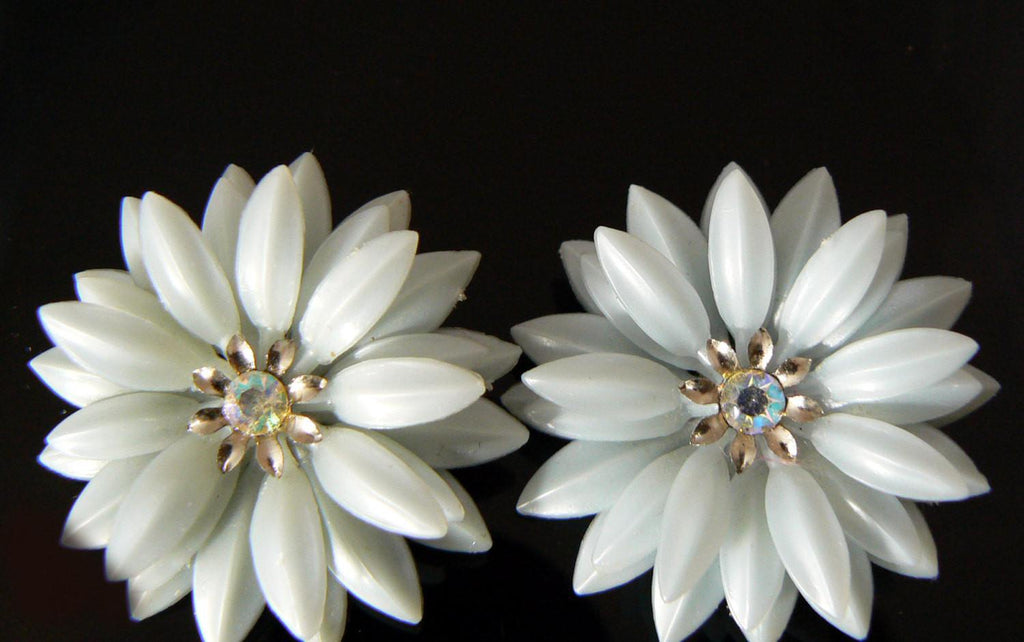Coro Light Blue Plastic Flower Earrings - Vintage Lane Jewelry