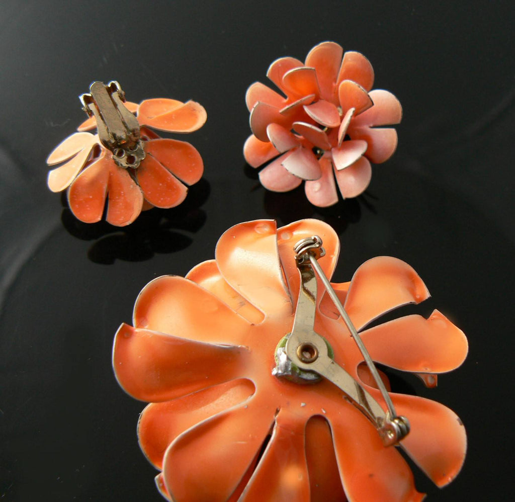 Vintage Orange Enamel Flower Demi Parure - Vintage Lane Jewelry