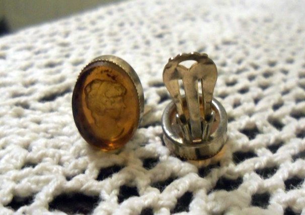 Amber Glass Intaglio Cameo Clip Earrings - Vintage Lane Jewelry
