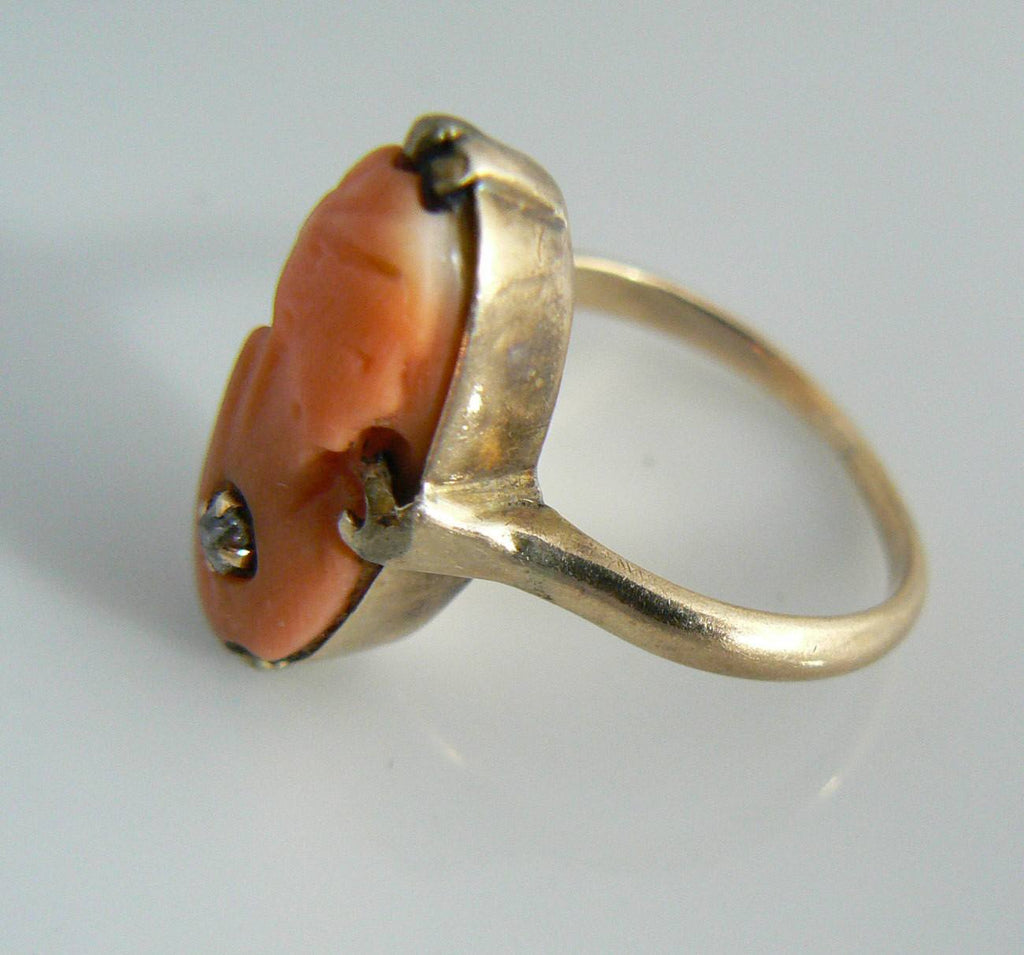 Carved Coral High Relief Diamond Cameo Ring - Vintage Lane Jewelry