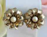 Gold Tone Faux Pearl Flower Clip On Earrings - Vintage Lane Jewelry