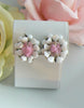 White Plastic And Pink Glass Clip On Flower Earrings - Vintage Lane Jewelry