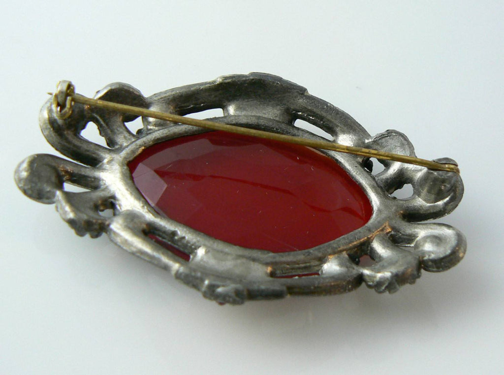 Antique Victorian Red Glass Pot Metal Brooch - Vintage Lane Jewelry