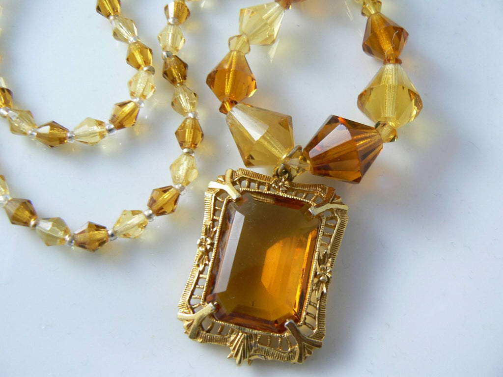 Czech Amber Glass Art Deco Necklace - Vintage Lane Jewelry