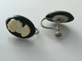 Black And White Celluloid Cameo Screw Back Earrings. - Vintage Lane Jewelry