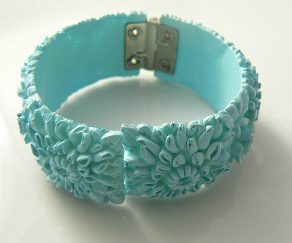 Vintage Rare Blue Carved Celluloid Clamper Bracelet - Vintage Lane Jewelry