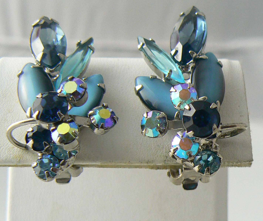 Vintage Juliana Steel Blue Ab Silver Tone Clip Earrings - Vintage Lane Jewelry
