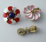 Red, White And Blue Enamel Flower Earrings And Enamel Ladybug Pin - Vintage Lane Jewelry