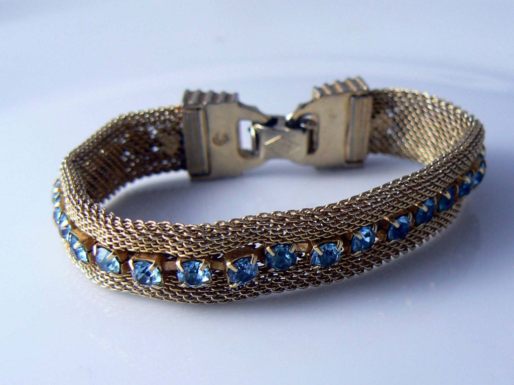 Vintage Sarah Coventry Sac Mesh Goldstone Aquamarine Mesh Bracelet - Vintage Lane Jewelry