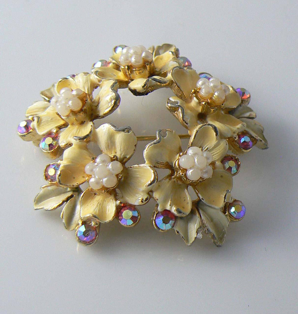 Beautiful Yellow Enamel, Faux Pearl And Ab Rhinestone Florenza Brooch - Vintage Lane Jewelry