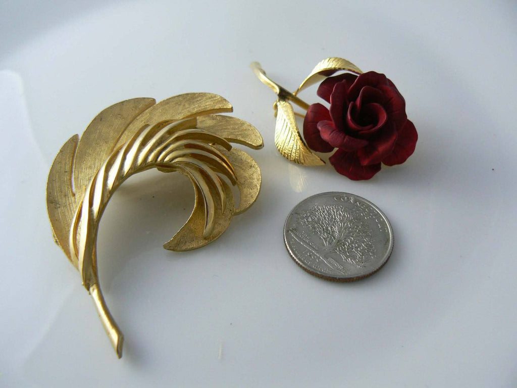 Red Rose And Gold Leaf Brooches - Vintage Lane Jewelry