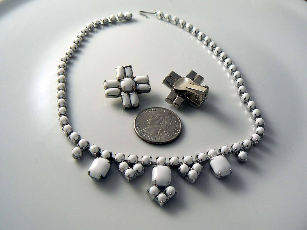 Vintage Milk White Rhinestone Necklace & Earring Set - Vintage Lane Jewelry