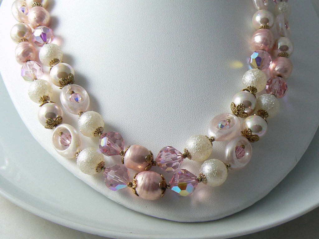 Vendome 2 Strand Pink White Beaded Crystal Necklace And Earrings - Vintage Lane Jewelry