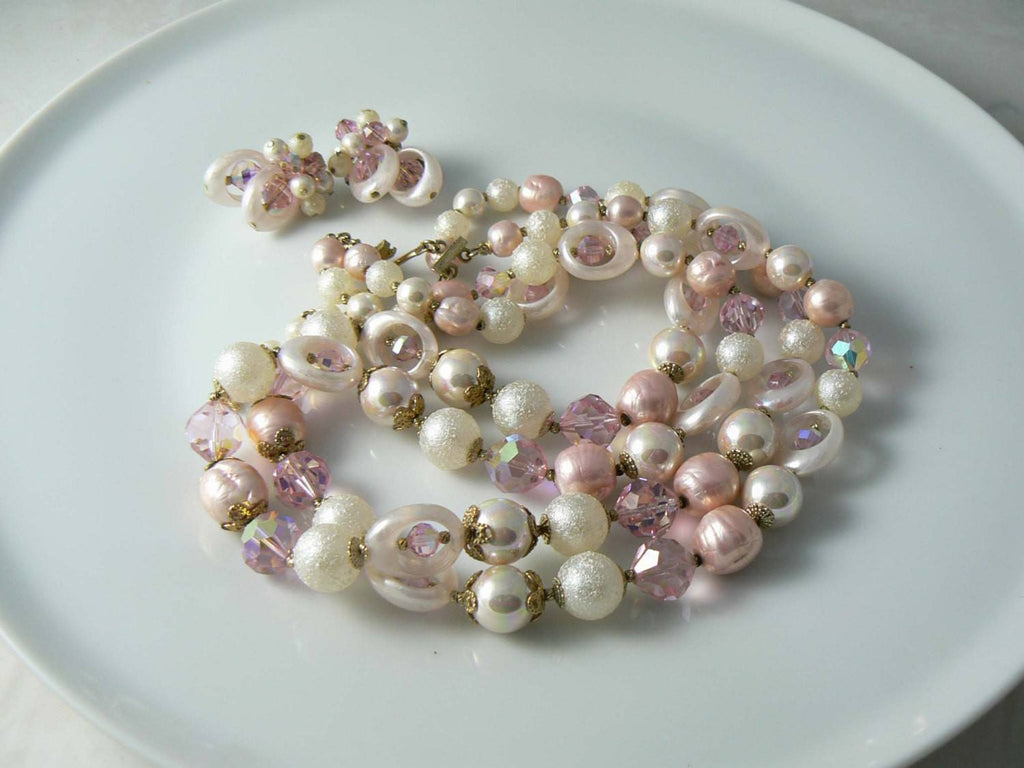 Vendome 2 Strand Pink White Beaded Crystal Necklace And Earrings - Vintage Lane Jewelry