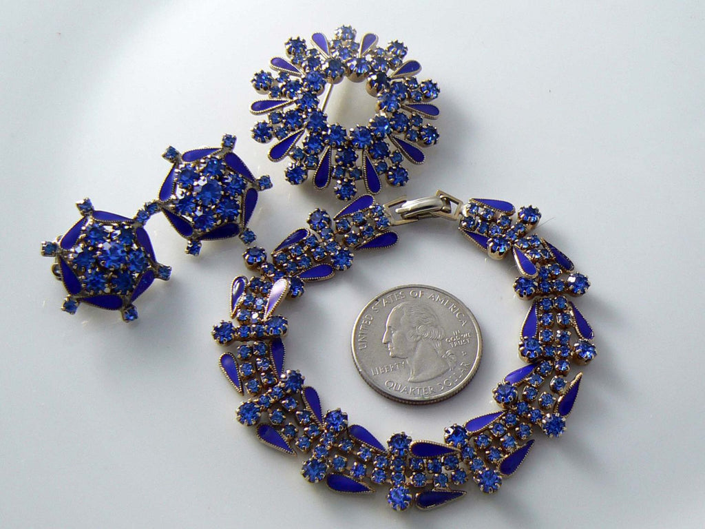 Weiss Bracelet, Brooch & Clip Earrings Blue Enamel Rhinestones - Vintage Lane Jewelry