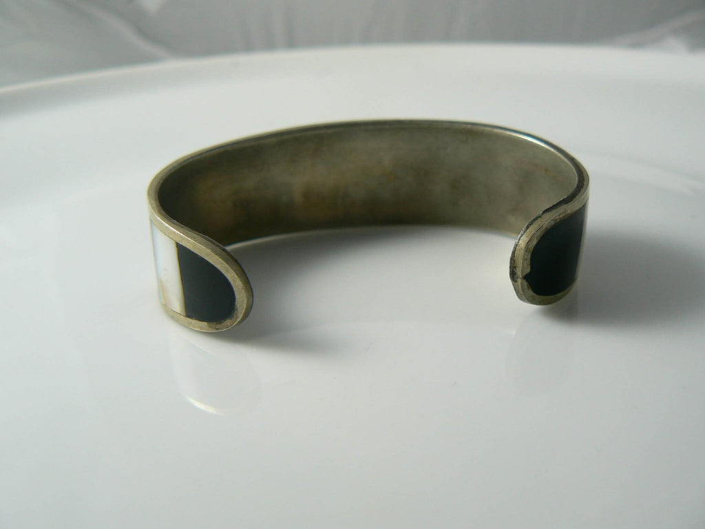 Vintage Silvertone And Mother Of Pearl Mosaic Cuff Bracelet - Vintage Lane Jewelry