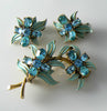 Hollycraft Aqua Enamel Leaves Rhinestone Flowers Demi Parure - Vintage Lane Jewelry
