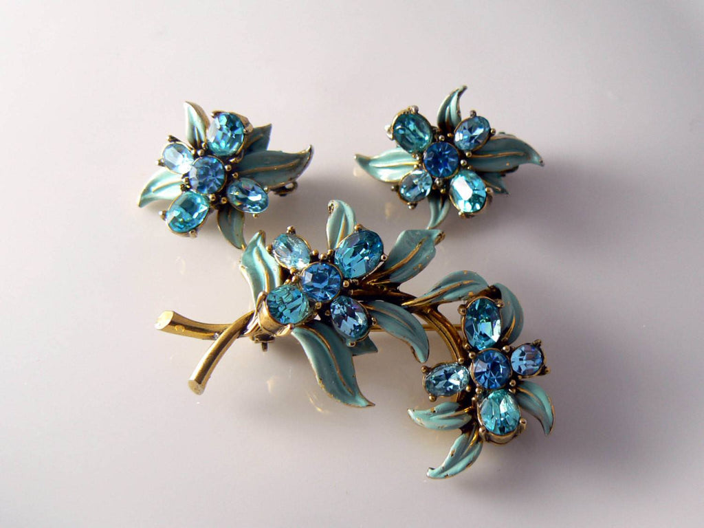 Hollycraft Aqua Enamel Leaves Rhinestone Flowers Demi Parure - Vintage Lane Jewelry